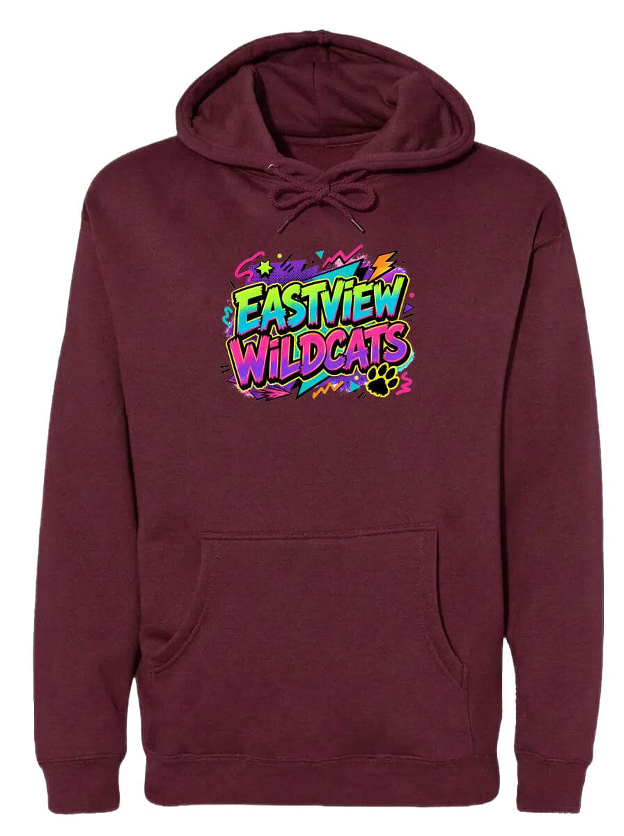 A burgundy hoodie with a colorful graphic design on the front, featuring the text "EASTVIEW WILDCATS" in a vibrant, graffiti-style font.