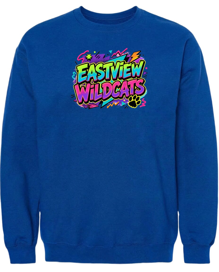 A blue sweatshirt with a colorful graphic design featuring the text "EASTVIEW WILDCATS" in a vibrant, graffiti-style font.