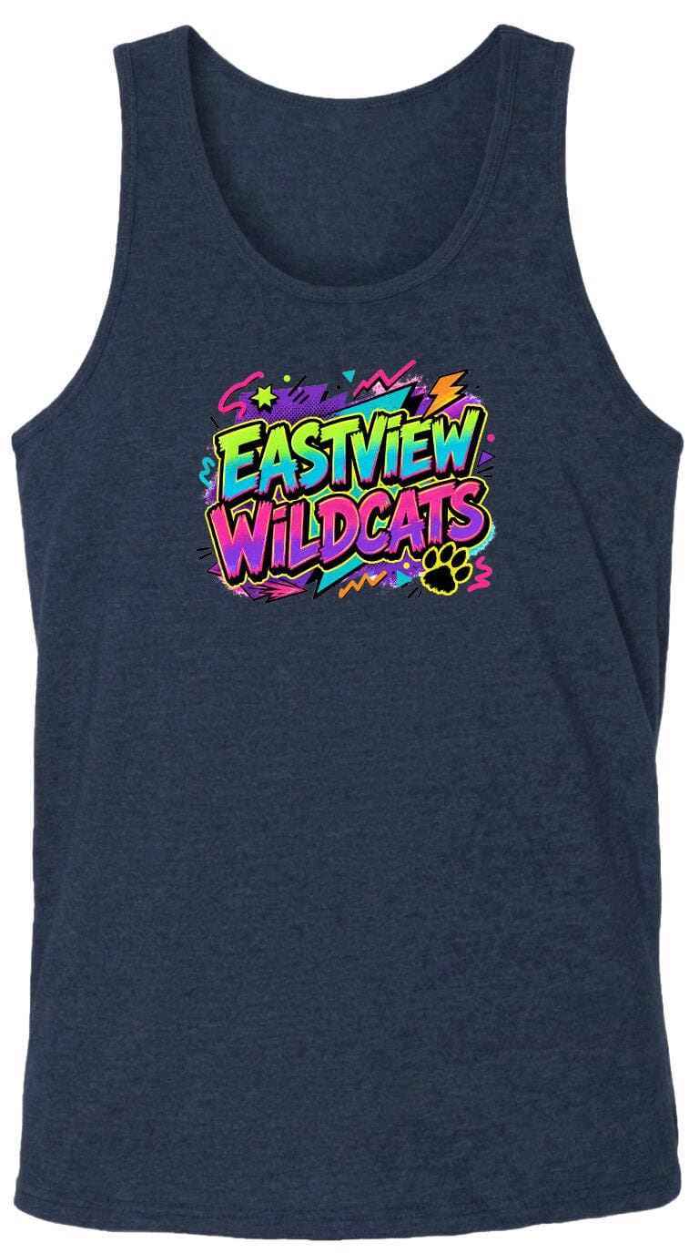 A dark blue tank top with a colorful graphic design featuring the text "EASTVIEW WILDCATS" in a vibrant, neon-like style.