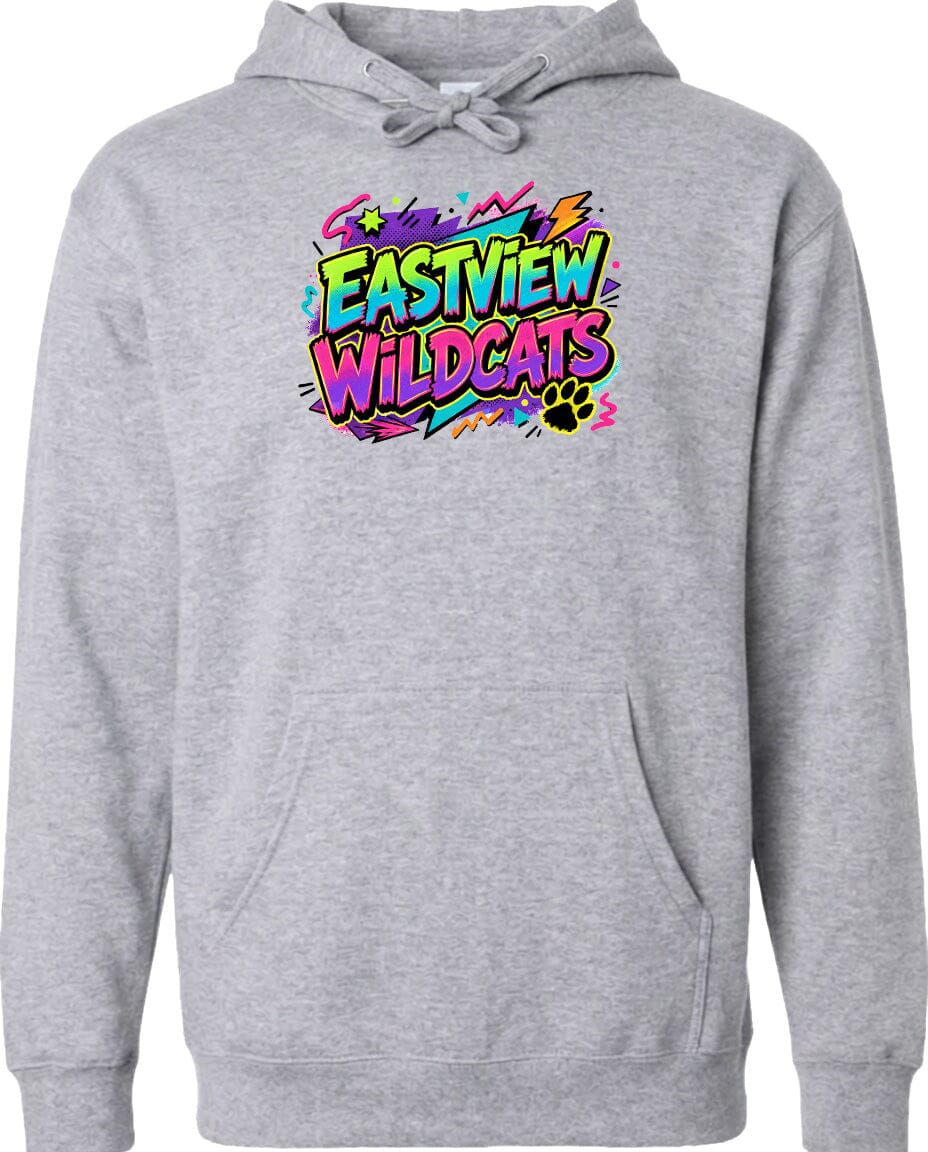 A gray hoodie with a colorful graphic design featuring the text "EASTVIEW WILDCATS" and a paw print.