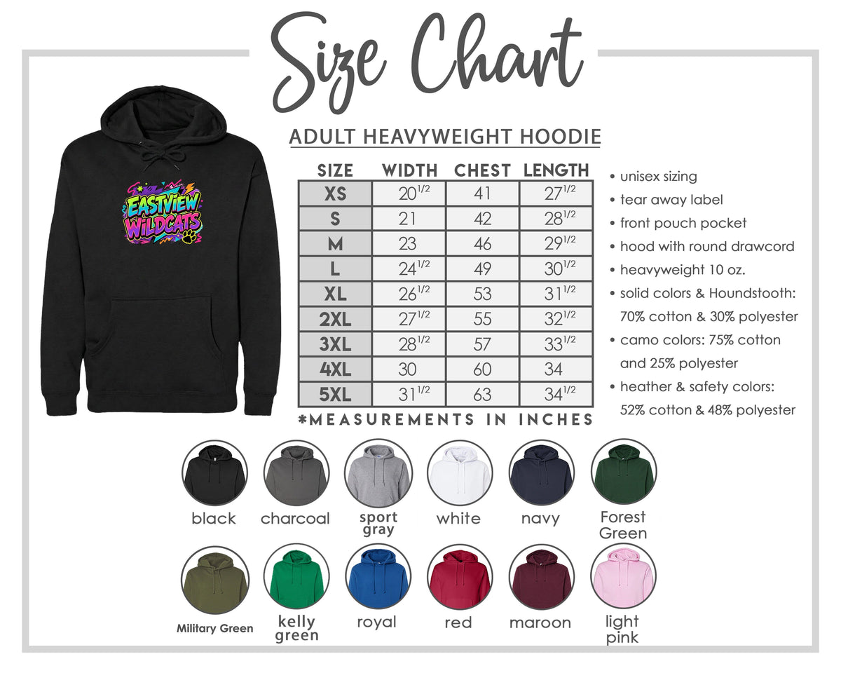 The image is a size chart for an adult heavyweight hoodie, including various color options and measurements in inches.