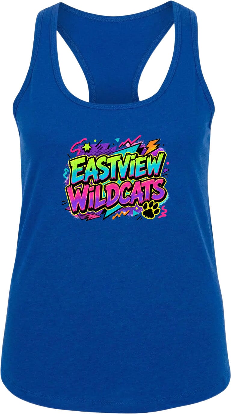 A blue tank top with a colorful graphic design featuring the text "EASTVIEW WILDCATS" and a paw print.