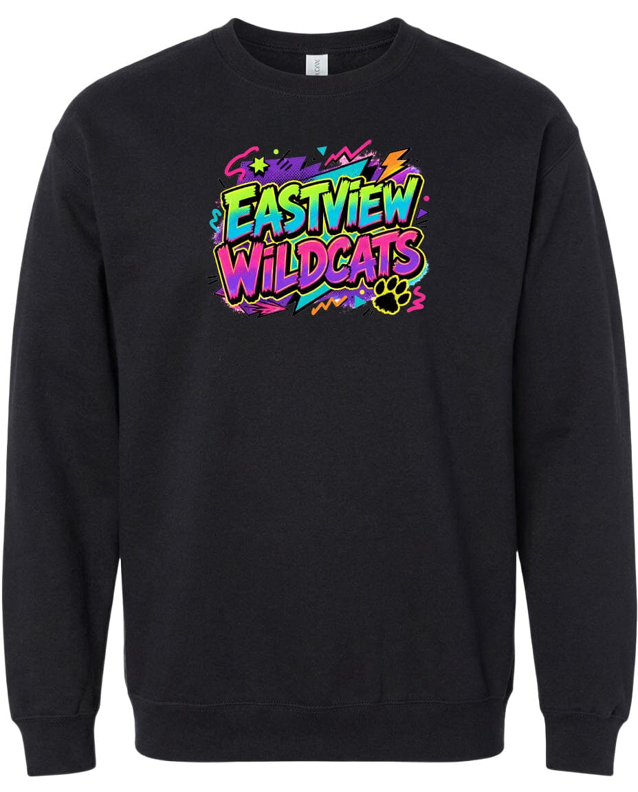 A black sweatshirt with a colorful graphic design featuring the text "EASTVIEW WILDCATS" in a vibrant, graffiti-style font.