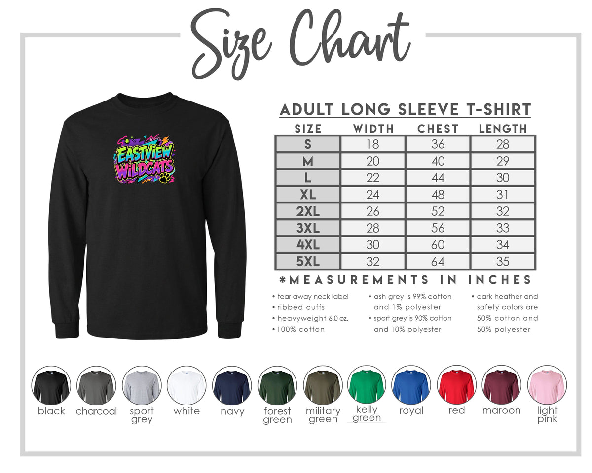 The image is a size chart for an adult long sleeve t-shirt, displaying the measurements and corresponding shirt colors.