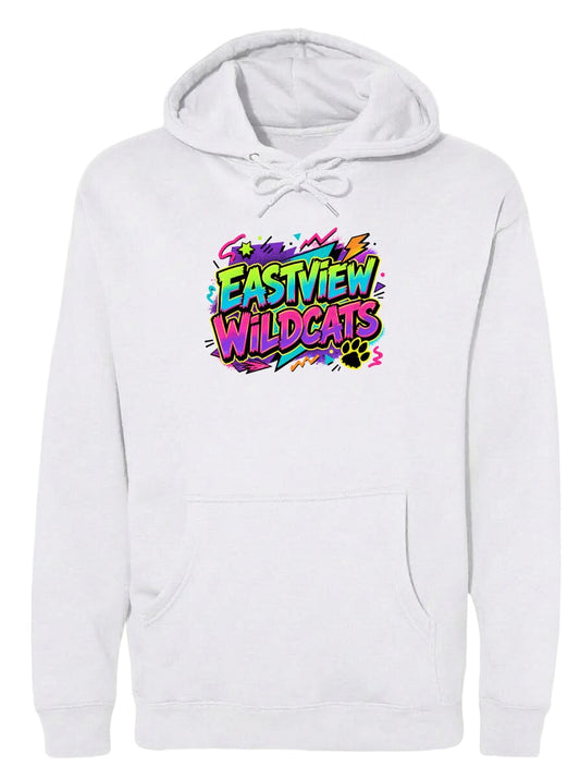 A white hoodie with a colorful graphic design featuring the text "EASTVIEW WILDCATS" in a vibrant, graffiti-style font.