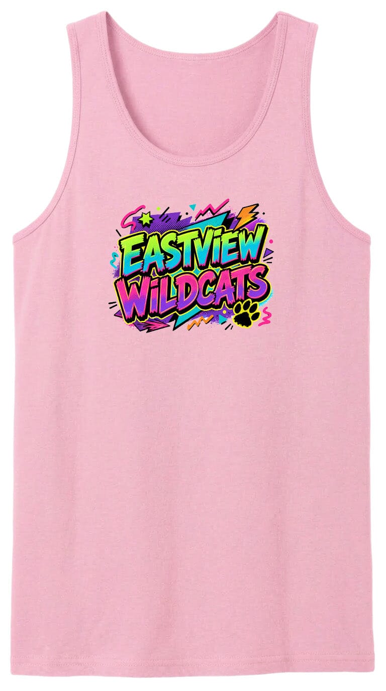 A pink tank top with a colorful graphic design featuring the text "EASTVIEW WILDCATS" in a vibrant, graffiti-style font.