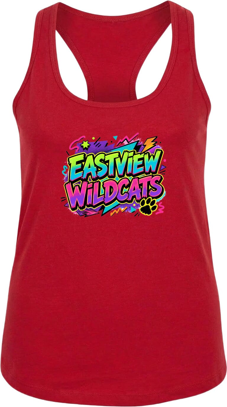 A red tank top with a colorful graphic design featuring the text "EASTVIEW WILDCATS" and a paw print.