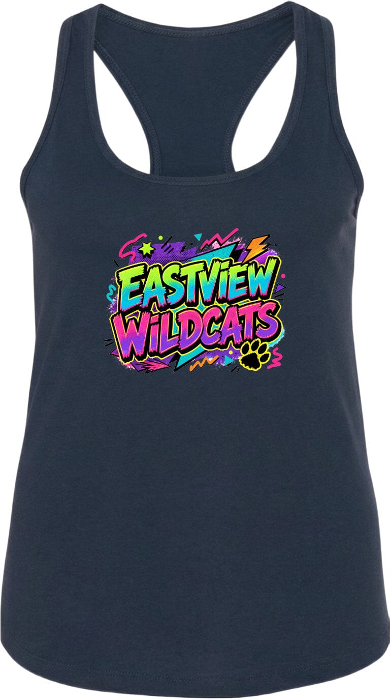 A black tank top with a colorful graphic design featuring the text "EASTVIEW WILDCATS" and a paw print.
