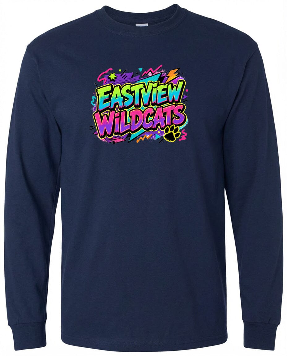 A navy blue long-sleeved shirt with a colorful graphic design featuring the text "EASTVIEW WILDCATS" in a vibrant, graffiti-style font.