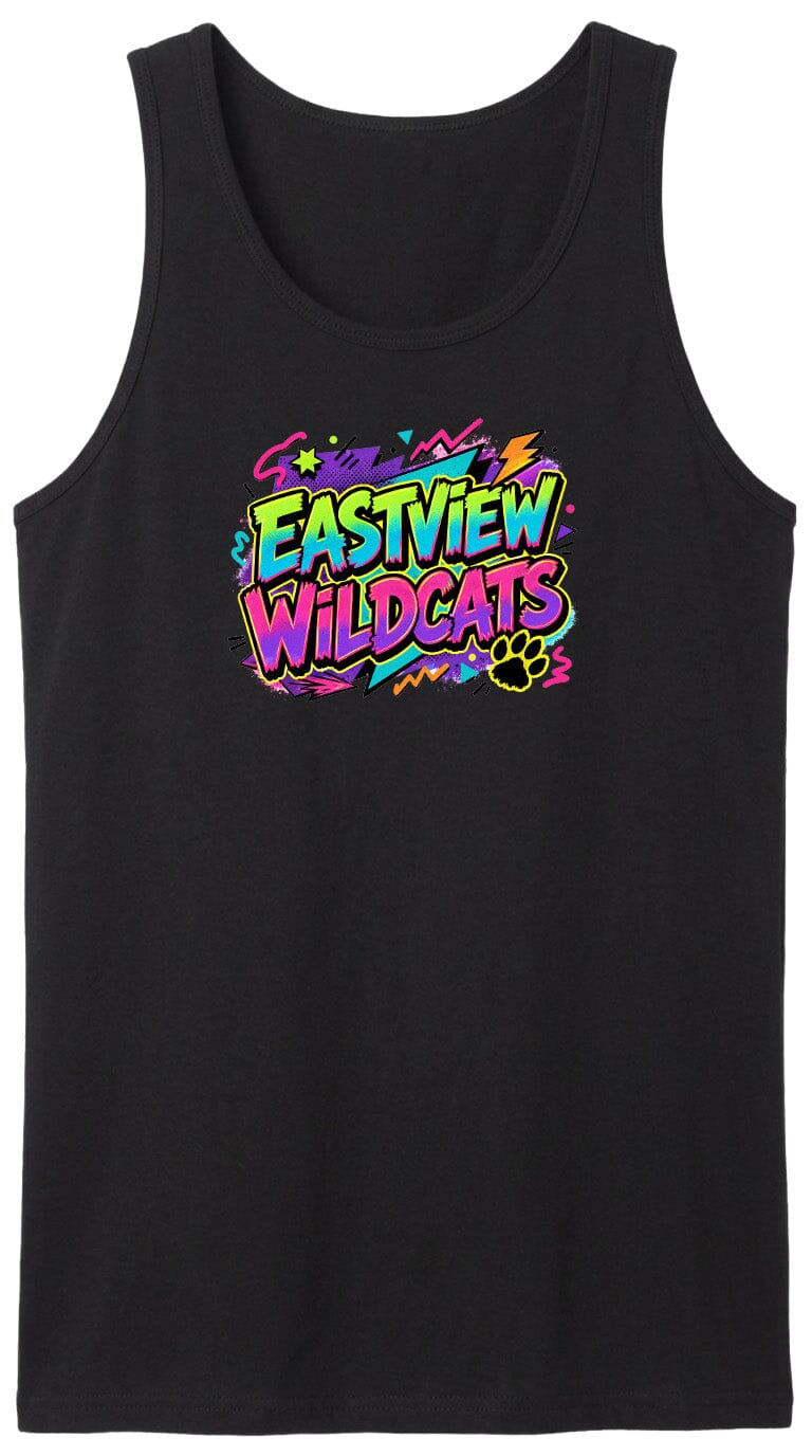 A black tank top with a colorful graphic design featuring the text "EASTVIEW WILDCATS" in a vibrant, neon-like style.