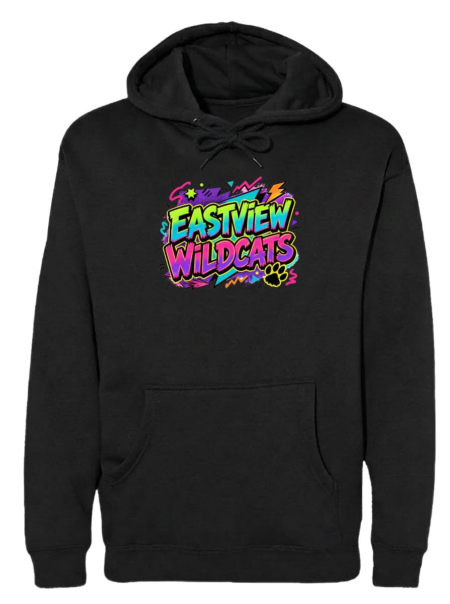 A black hoodie with a colorful graphic design on the front.