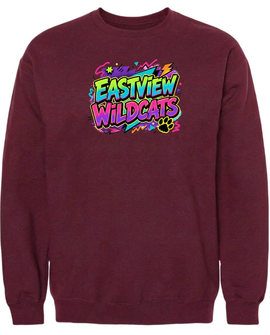 A burgundy sweatshirt with a colorful graphic design featuring the text "EASTVIEW WILDCATS" in a vibrant, graffiti-style font.
