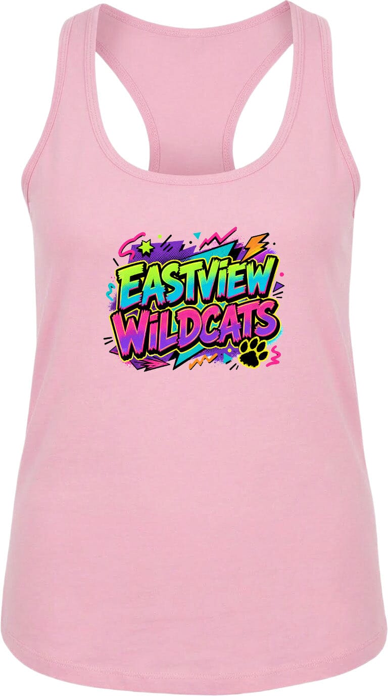 A pink tank top with a colorful graphic design featuring the text "EASTVIEW WILDCATS" and a paw print.