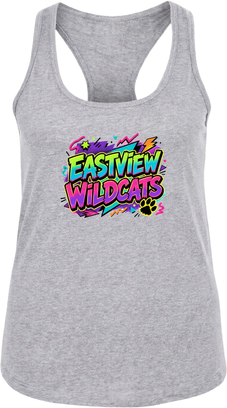 A gray tank top with a colorful graphic design featuring the text "EASTVIEW WILDCATS" and a paw print.