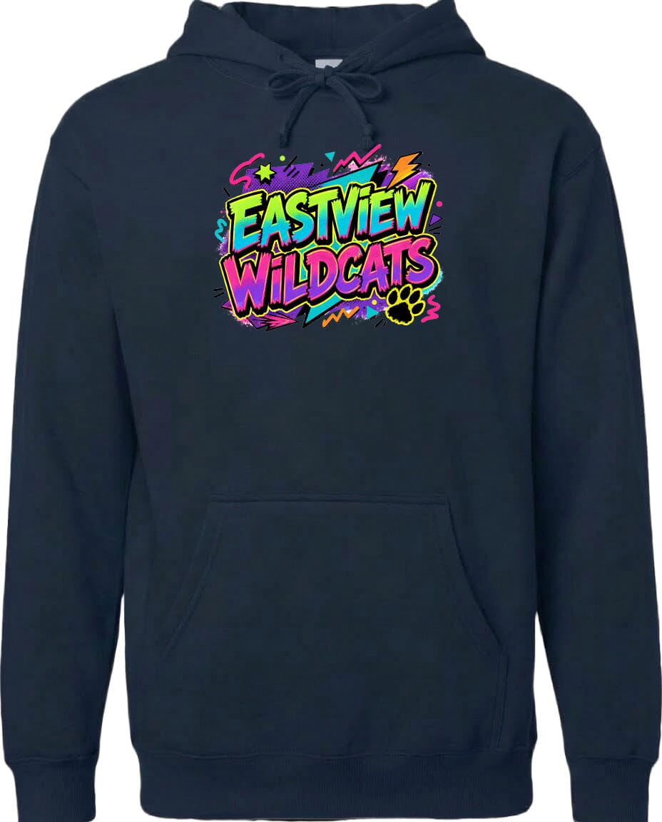 A navy blue hoodie with a colorful graphic design featuring the text "EASTVIEW WILDCATS" and a paw print.