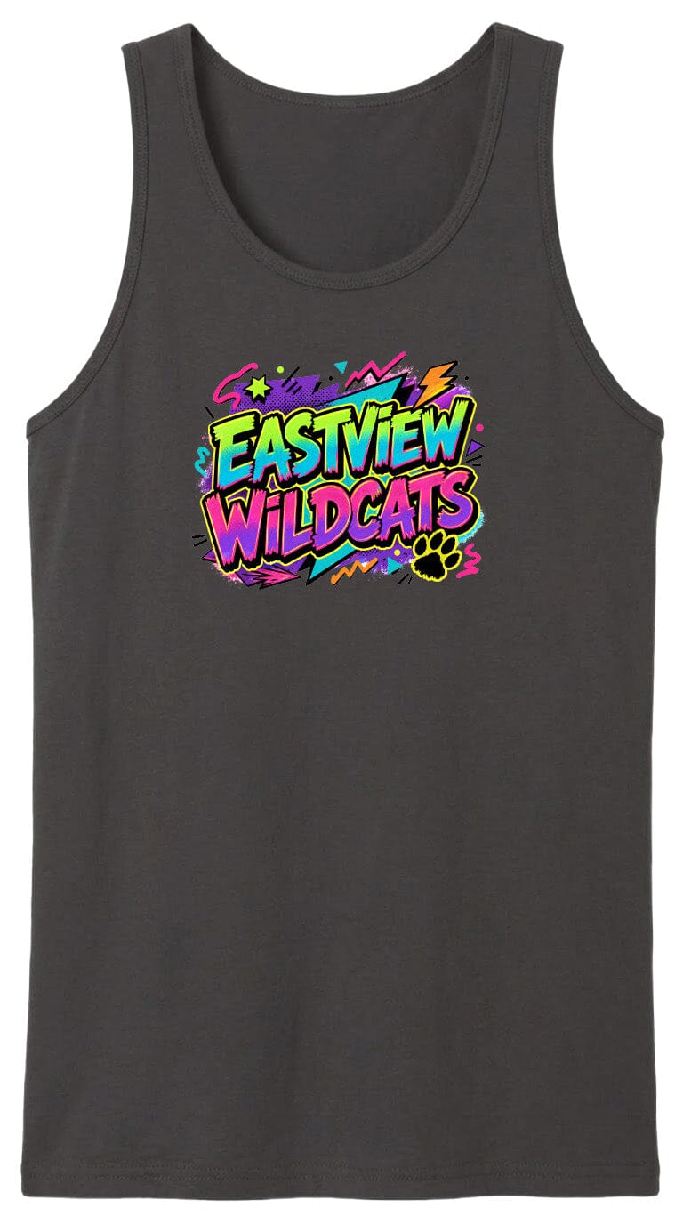 A gray tank top with a colorful graphic design featuring the text "EASTVIEW WILDCATS" in a vibrant, retro-style font.