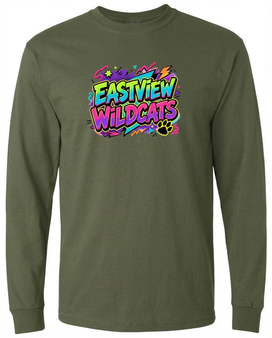 A long-sleeved olive green t-shirt with a colorful graphic design featuring the text "EASTVIEW WILDCATS" and various colorful elements.