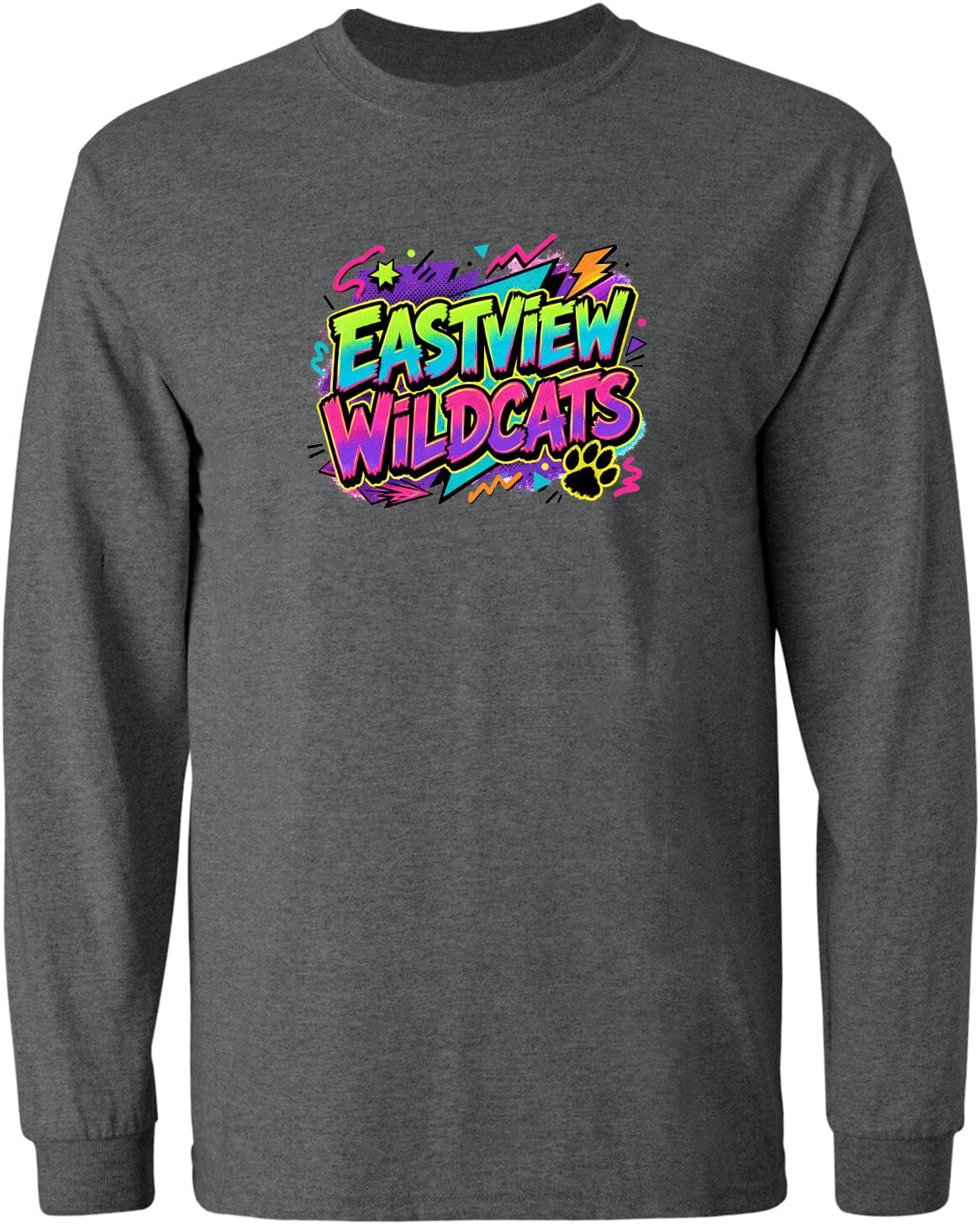 A gray long-sleeved shirt with a colorful graphic design featuring the text "EASTVIEW WILDCATS" and a paw print.