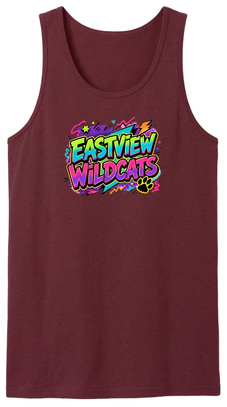 A burgundy tank top with a colorful graphic design featuring the text "EASTVIEW WILDCATS" in a vibrant, neon-like style.