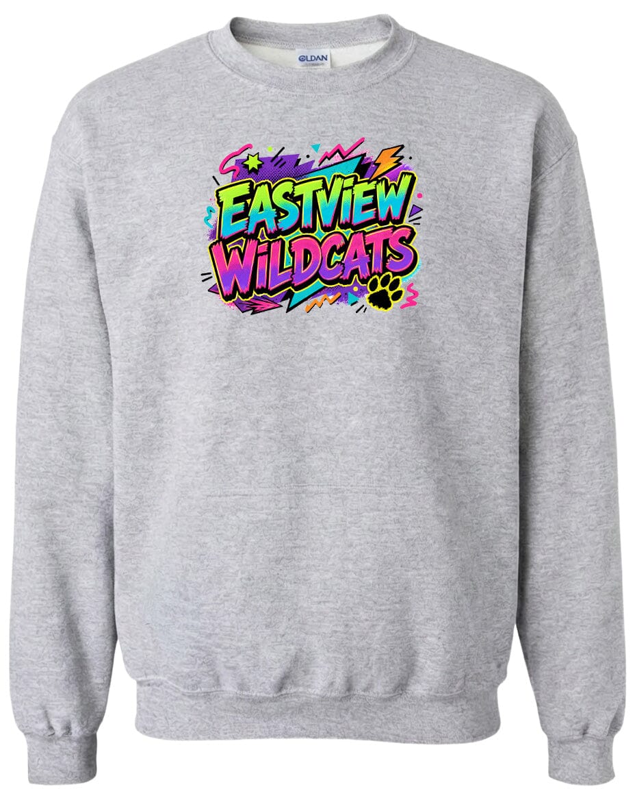 A gray sweatshirt with a colorful graphic design featuring the text "EASTVIEW WILDCATS" and a paw print.