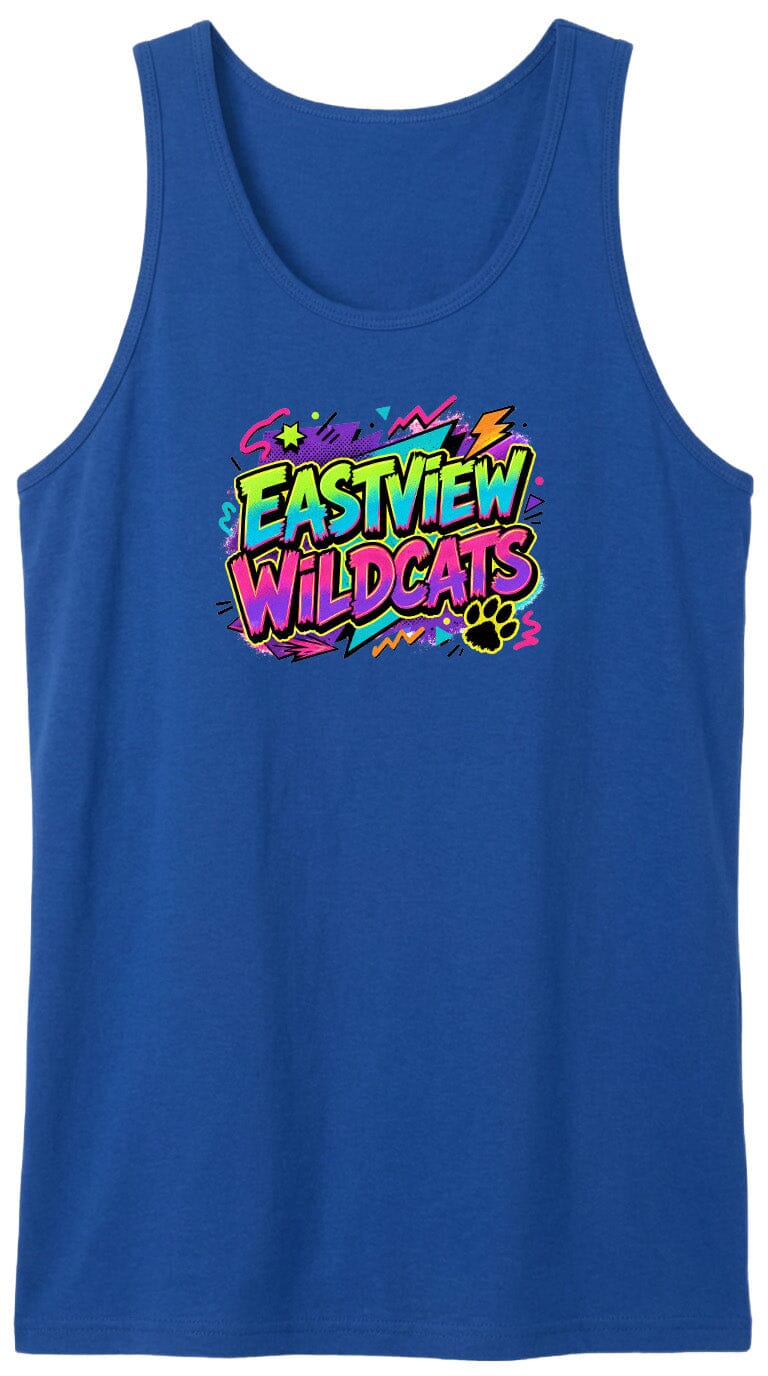 A blue tank top with a colorful graphic design featuring the text "EASTVIEW WILDCATS" in a vibrant, retro-style font.