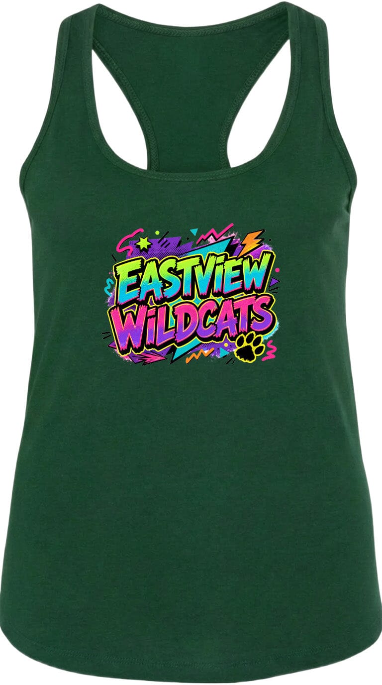 A green tank top with a colorful graphic design featuring the text "EASTVIEW WILDCATS" and a paw print.