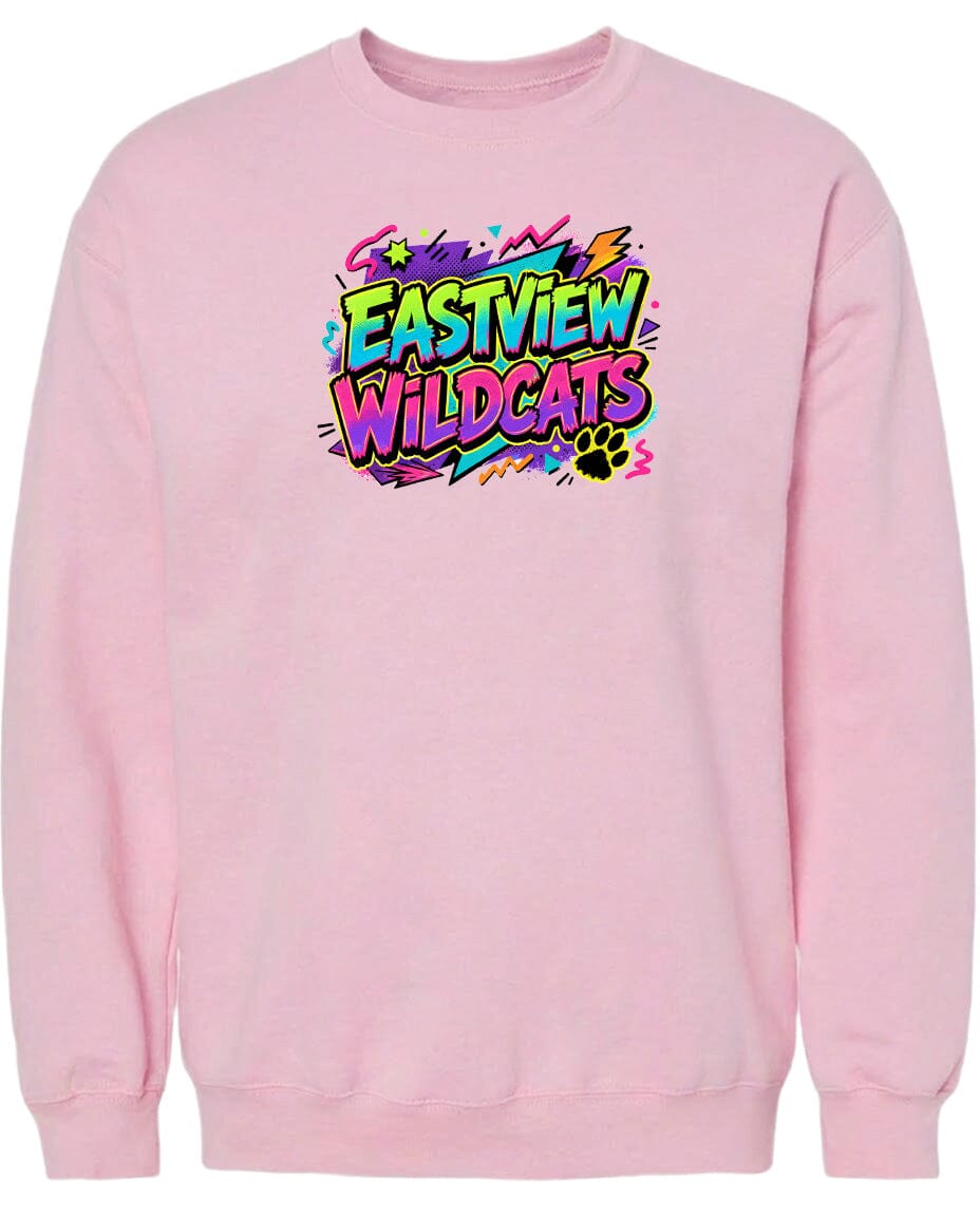 A pink sweatshirt with a colorful graphic design featuring the text "EASTVIEW WILDCATS" in a vibrant, graffiti-style font.
