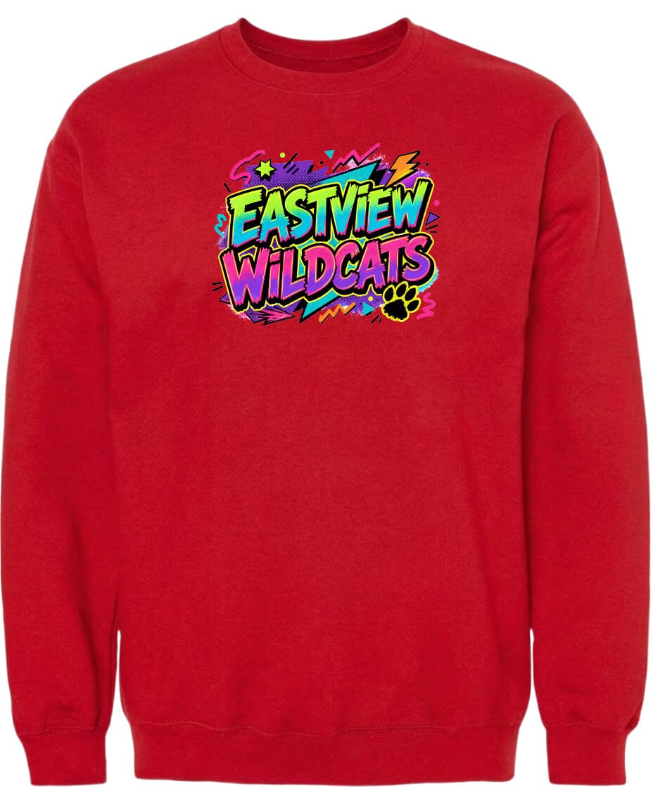 A red sweatshirt with a colorful graphic design featuring the text "EASTVIEW WILDCATS" in a stylized font.