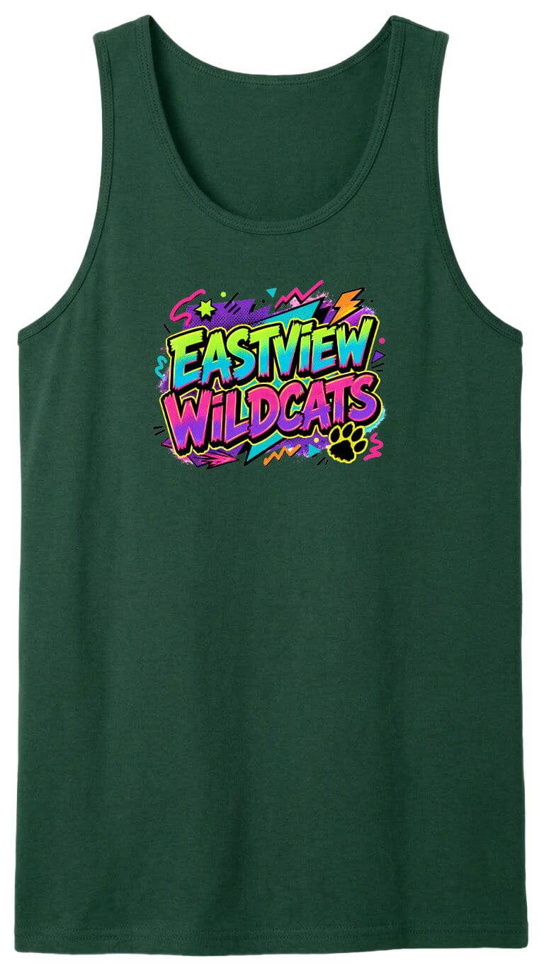 A green tank top with a colorful graphic design featuring the text "EASTVIEW WILDCATS" in a vibrant, graffiti-style font.