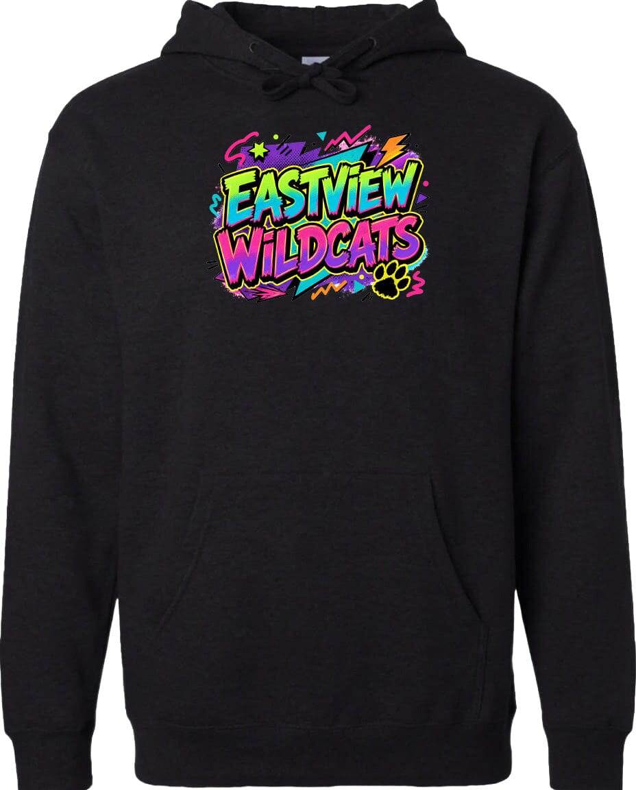 A black hoodie with a colorful graphic design featuring the text "EASTVIEW WILDCATS" and a paw print.