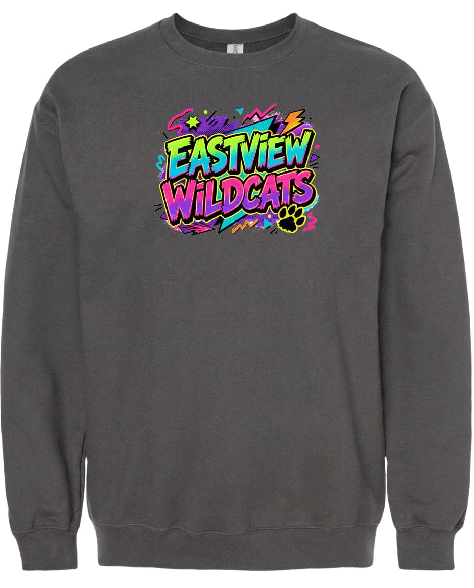 A gray sweatshirt with a colorful graphic design featuring the text "EASTVIEW WILDCATS" in a vibrant, graffiti-style font.