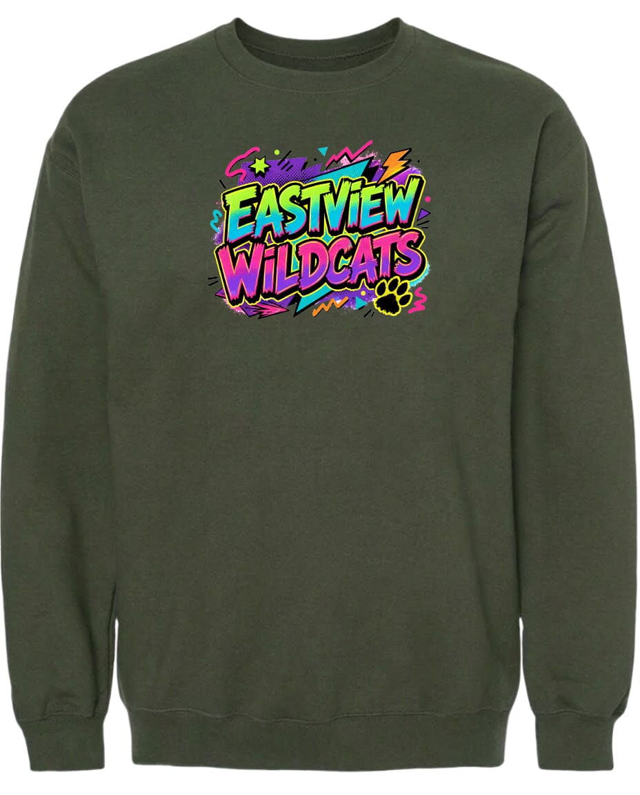 A dark green sweatshirt with a colorful graphic design on the front.