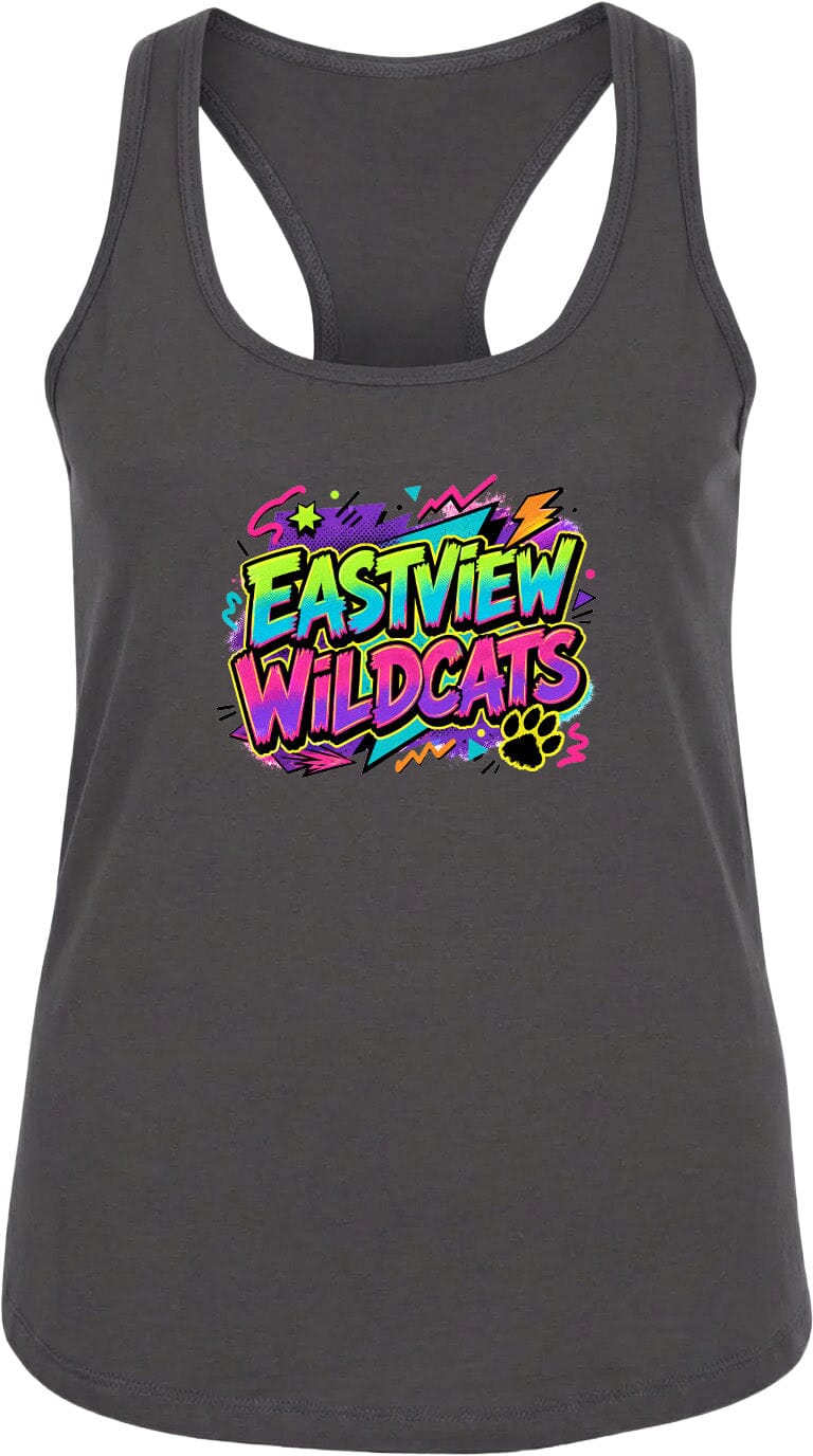 A gray tank top with a colorful graphic design featuring the text "EASTVIEW WILDCATS" and a paw print.