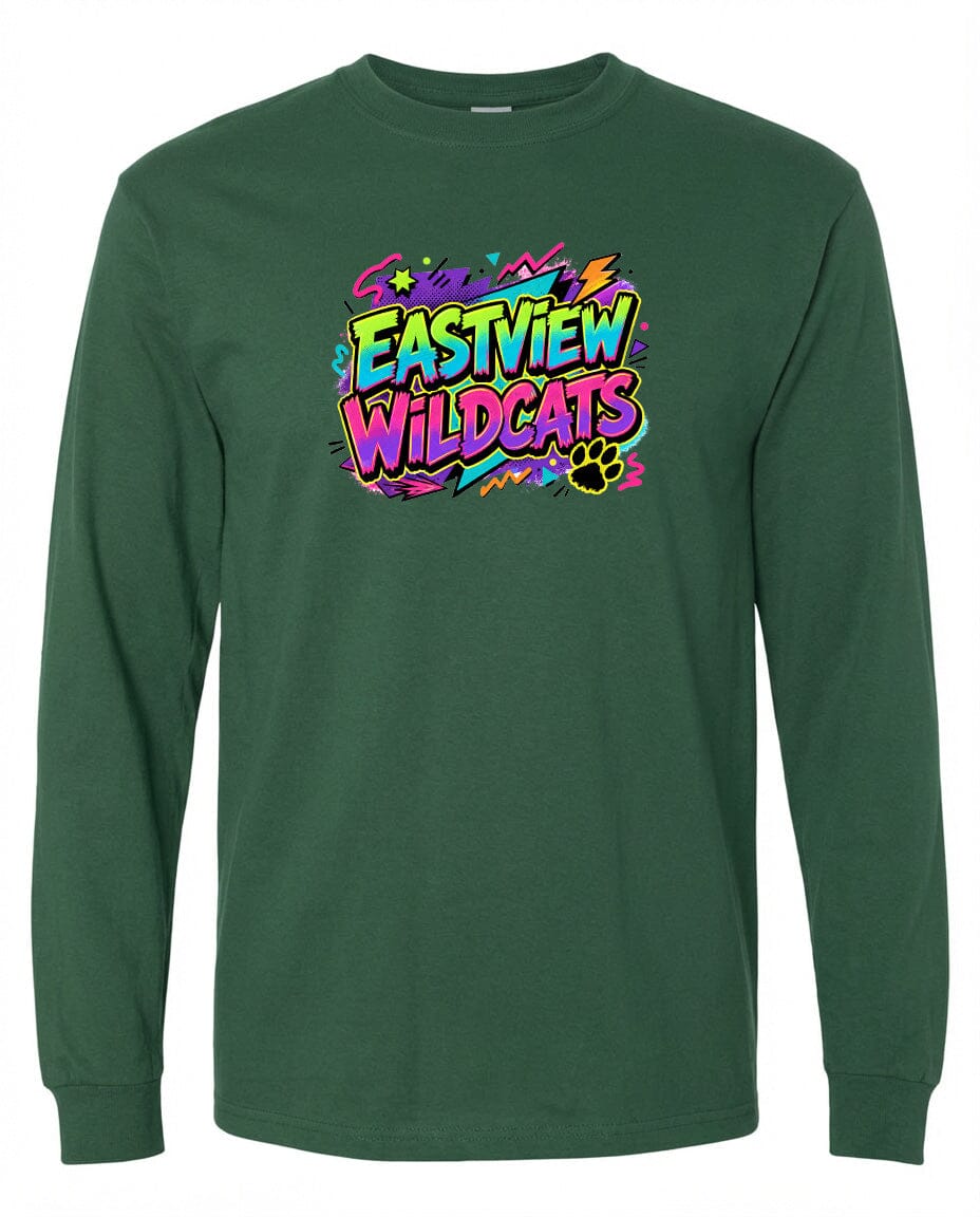 A long-sleeved green t-shirt with a colorful graphic design featuring the text "EASTVIEW WILDCATS" in a stylized font.