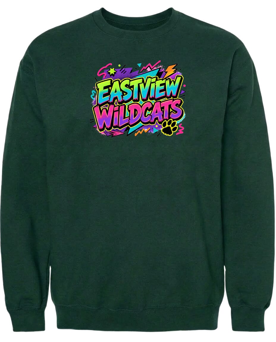 A dark green sweatshirt with a colorful graphic design on the front.