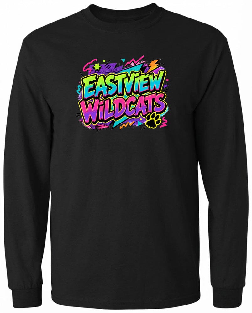 A black long-sleeved shirt with a colorful graphic design featuring the text "EASTVIEW WILDCATS" in a vibrant, graffiti-style font.