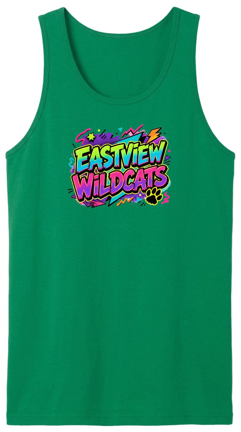 A green tank top with a colorful graphic design featuring the text "EASTVIEW WILDCATS" in a vibrant, graffiti-style font.