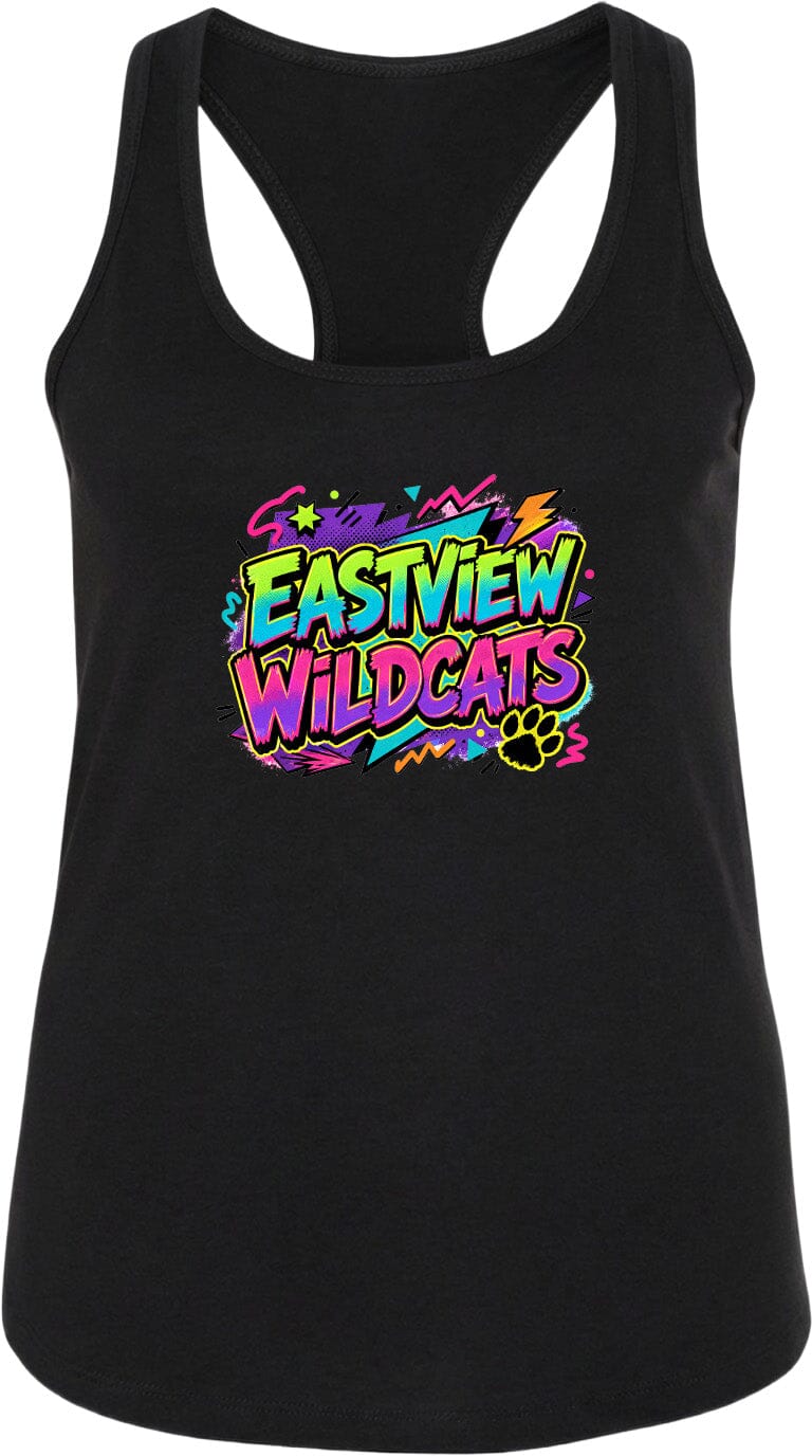 A black tank top with a colorful graphic design featuring the text "EASTVIEW WILDCATS" and a paw print.