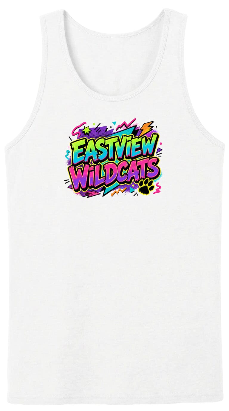A white tank top with a colorful graphic design featuring the text "EASTVIEW WILDCATS" in a vibrant, retro-style font.
