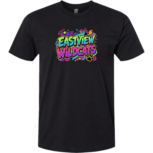 A black t-shirt with a colorful graphic design featuring the text "EASTVIEW WILDCATS" in a vibrant, graffiti-style font.