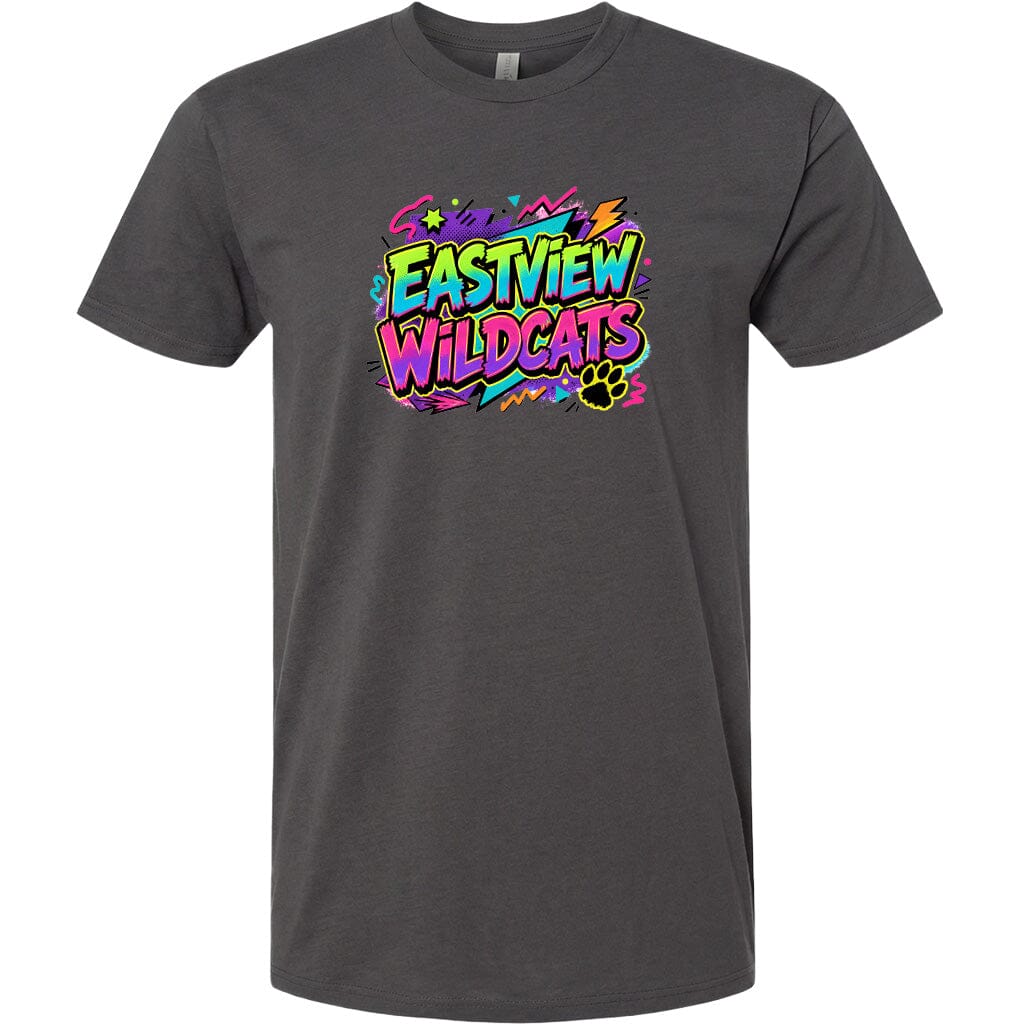 A gray t-shirt with a colorful graphic design featuring the text "EASTVIEW WILDCATS" in a vibrant, graffiti-style font.