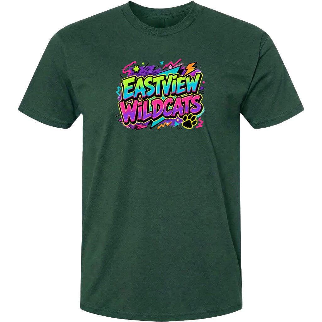 A green t-shirt with a colorful graphic design featuring the text "EASTVIEW WILDCATS" in a vibrant, graffiti-style font.