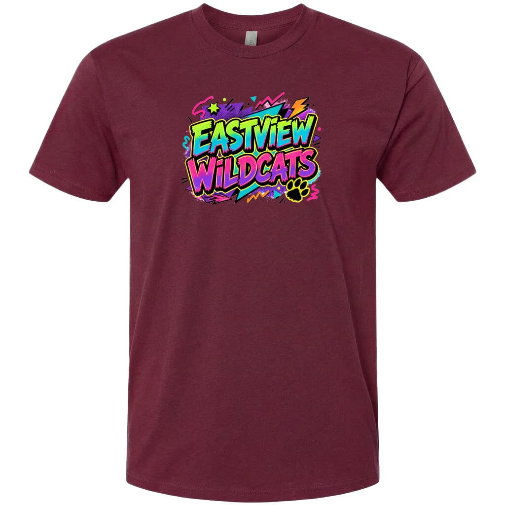 A burgundy-colored t-shirt with a colorful graphic design featuring the text "EASTVIEW WILDCATS" in a vibrant, graffiti-style font.