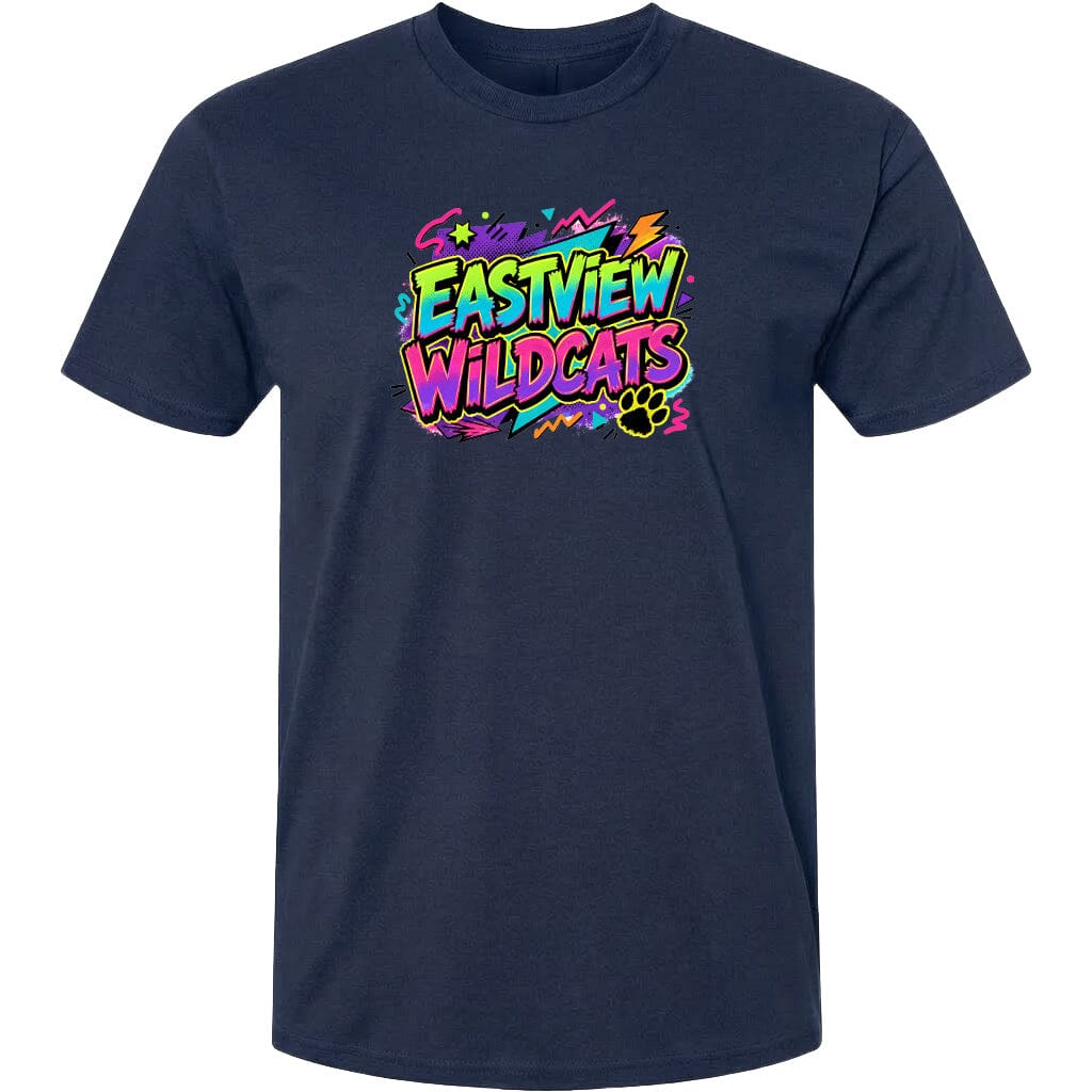 A navy blue t-shirt with a colorful graphic design featuring the text "EASTVIEW WILDCATS" in a vibrant, graffiti-style font.