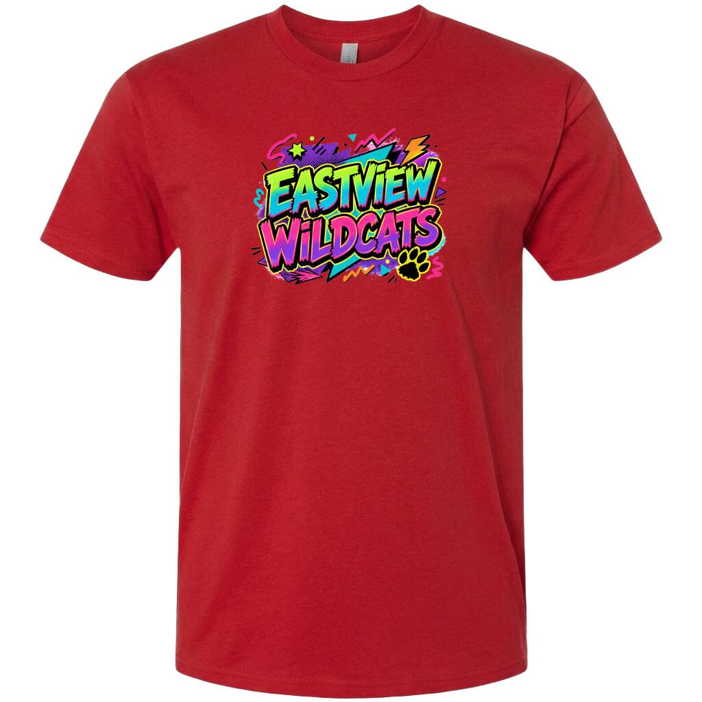 A red t-shirt with a colorful graphic design featuring the text "EASTVIEW WILDCATS" in a vibrant, graffiti-style font.