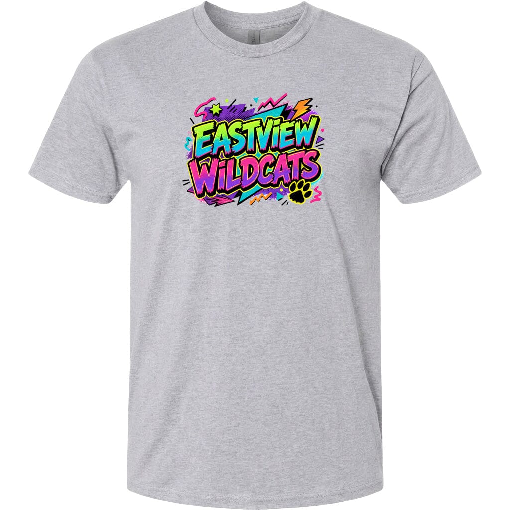 A gray t-shirt with a colorful graphic design featuring the text "EASTVIEW WILDCATS" in a vibrant, graffiti-style font.