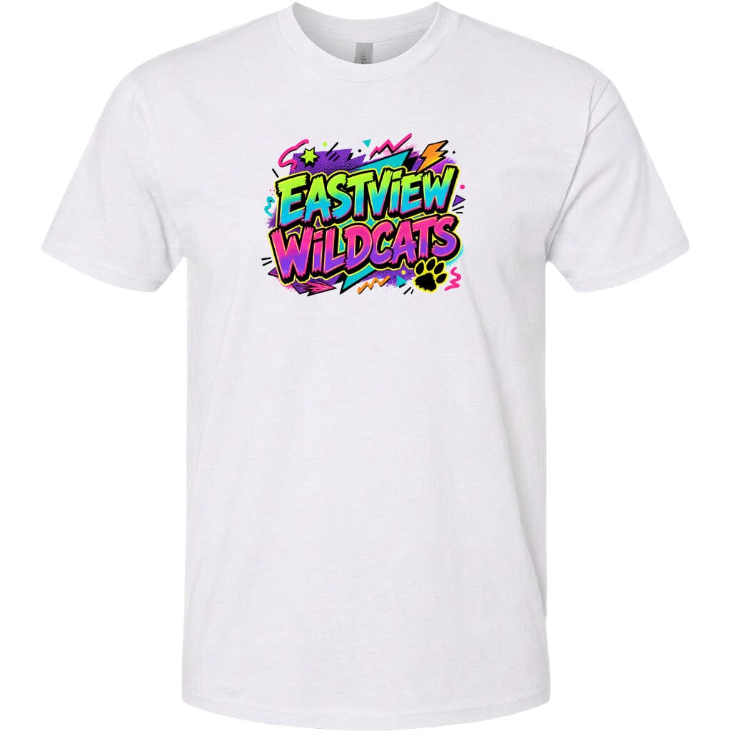 A white t-shirt with a colorful graphic design featuring the text "EASTVIEW WILDCATS" in a stylized font.
