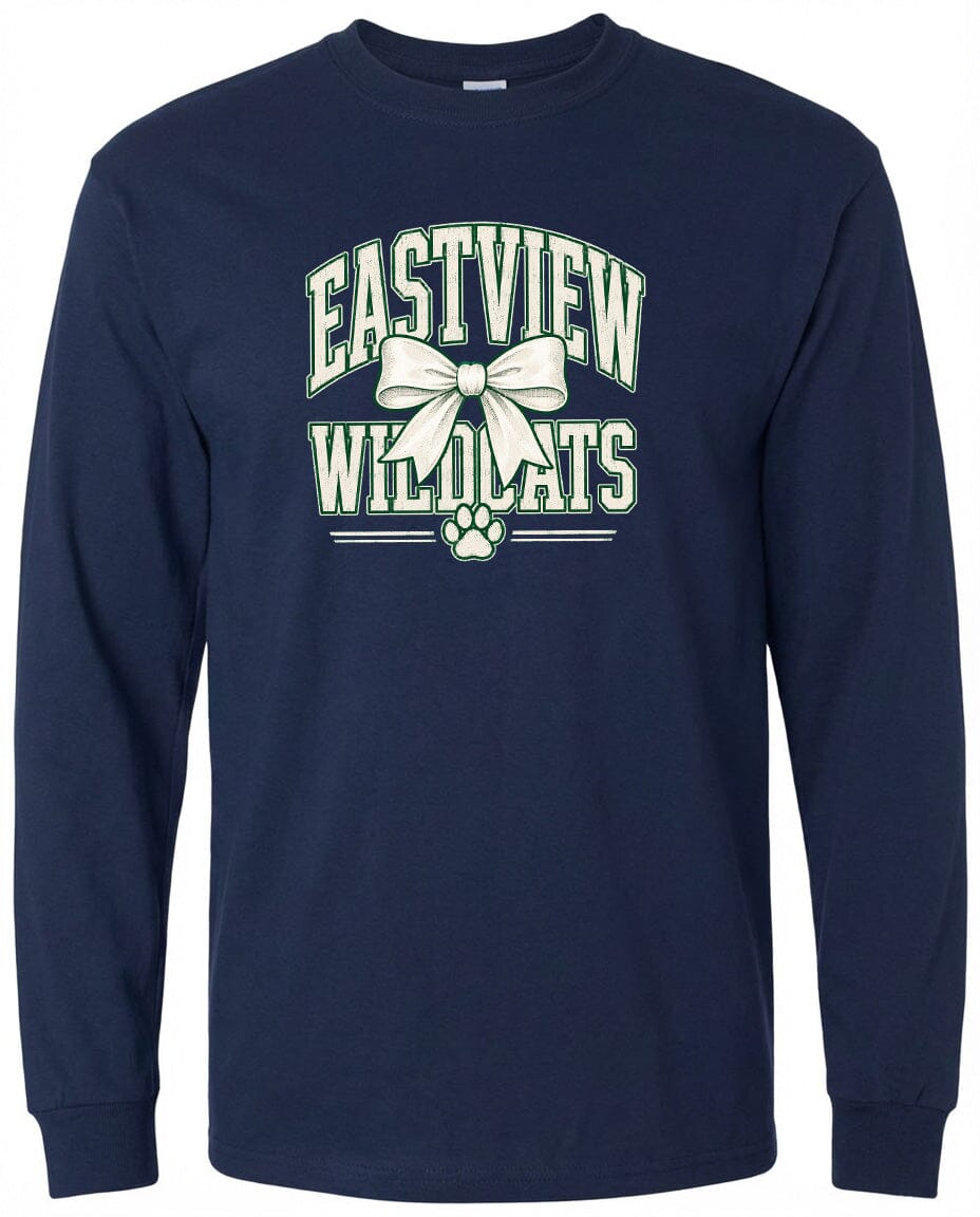 Navy blue long-sleeved shirt with a graphic design on the front.