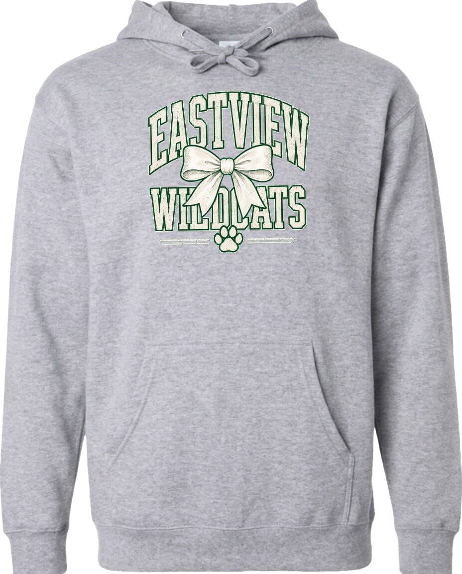 A gray hoodie with a graphic design featuring the text "EASTVIEW WILDLIFE" and a bow, along with a paw print.