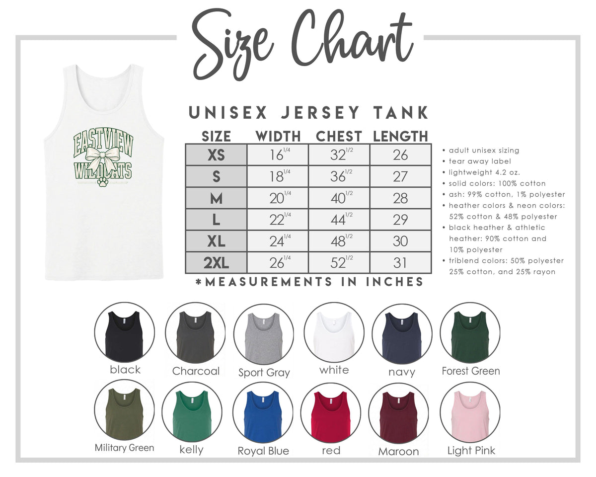 The image is a size chart for a unisex jersey tank, providing measurements and corresponding tank sizes for different chest lengths.
